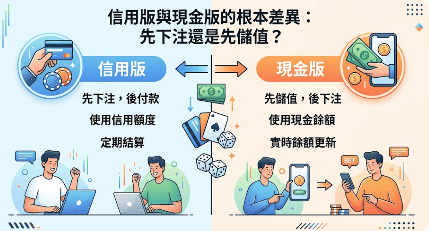 這張圖片採用左右對比的扁平化插圖風格,呈現「信用版」與「現金版」的營運機制差異。 左側展示透過信用額度先下注後結算的情境,右側則呈現先儲值注入資金再進行投注的流程。