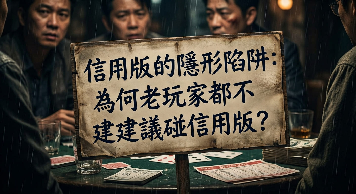 一張展示暗沉賭場氛圍的照片,桌上記錄單與籌碼旁立著木牌。 木牌上清楚寫著:「信用版的隱形陷阱:為何老玩家都不建議碰信用版?」。